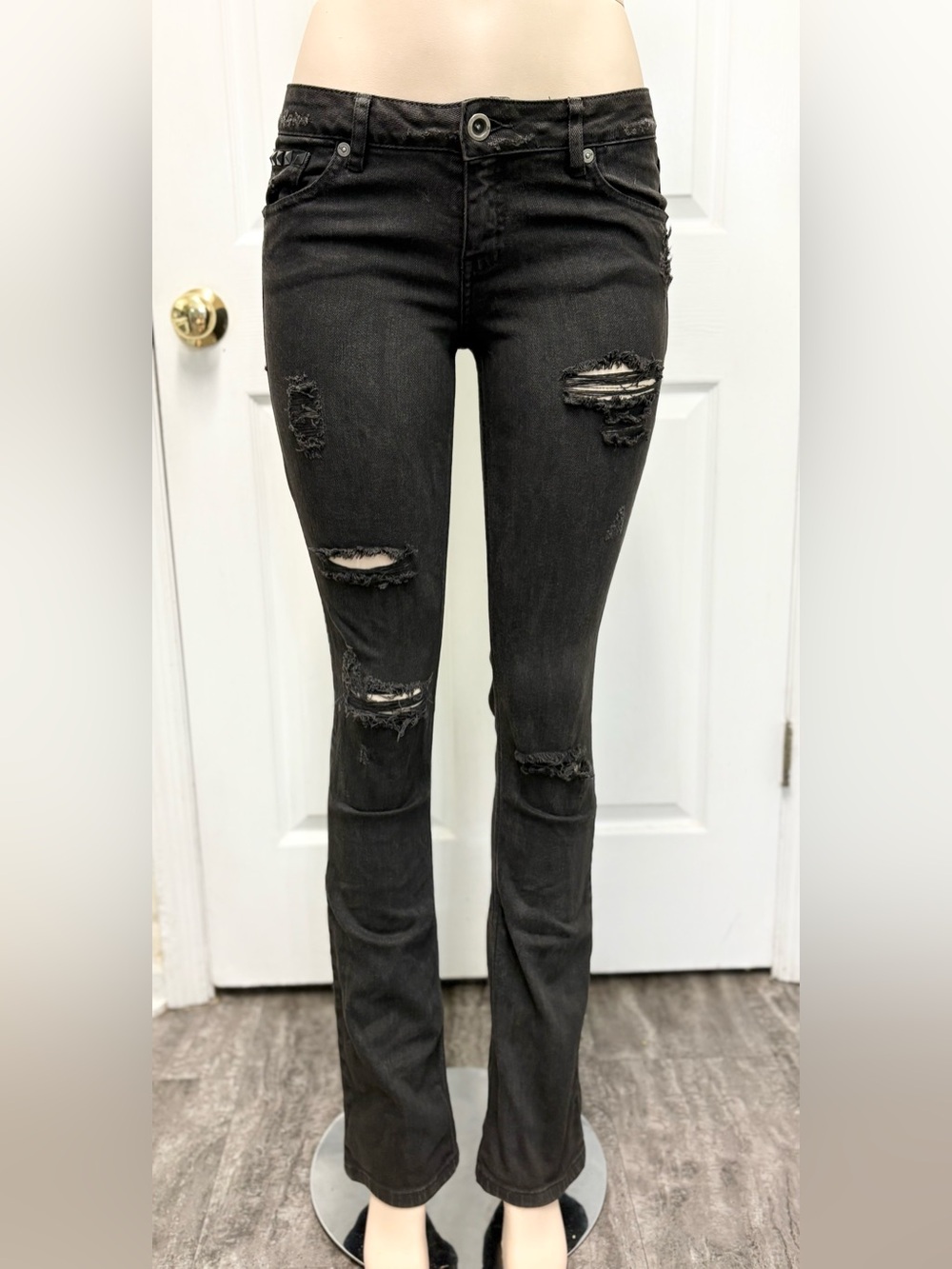 Hurley Y2K 70s Skinny Boot Distressed Studded Black Jeans Size 7